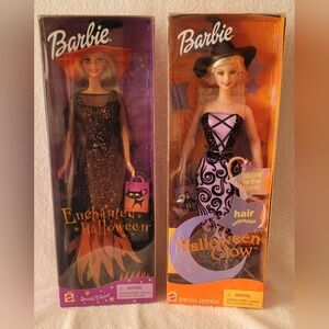 (2) Vintage 2000 Enchanted Halloween & 2002 Halloween Glow Barbie Doll LOT